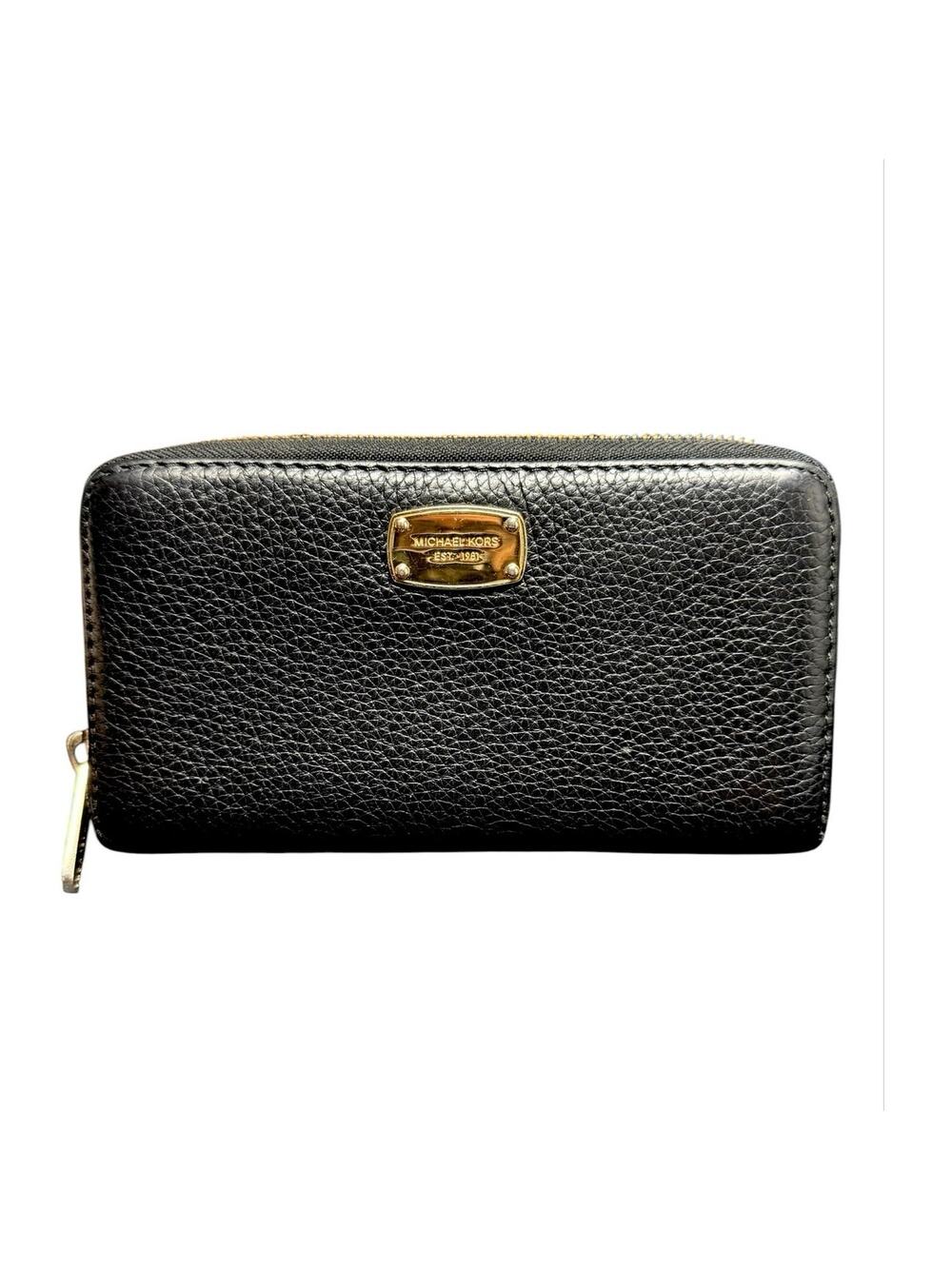 Michael Kors Jet Set Black Pebbled Leather Wallet Travel Luxury Zip Around